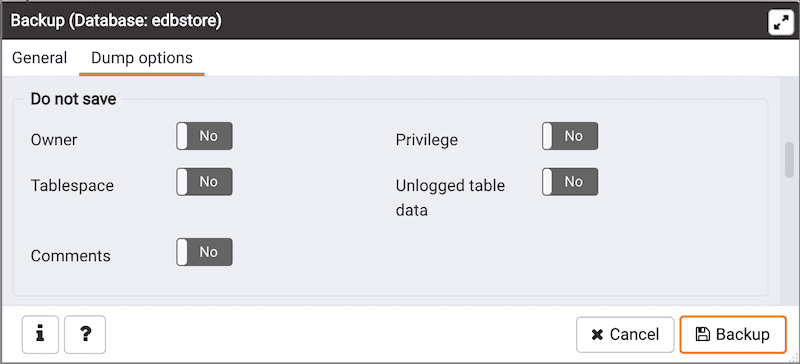 Backup dialog - Dump Options tab - Do not save options